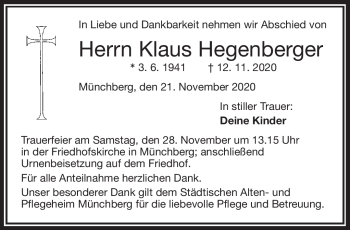 Traueranzeige von Klaus Hegenberger von Frankenpost