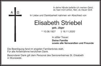 Traueranzeige von Elisabeth Striebel von Frankenpost