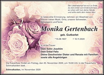 Traueranzeige von Monika Gertenbach von Südthüringer Presse