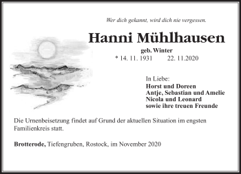 Traueranzeige von Hanni Mühlhausen von Südthüringer Presse