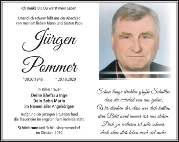 Traueranzeige von Jürgen Pommer von Südthüringer Presse
