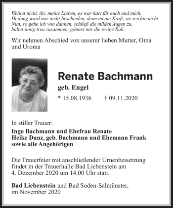 Traueranzeige von Renate Bachmann von Südthüringer Presse