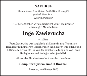 Traueranzeige von Inge Zawierucha von Südthüringer Presse
