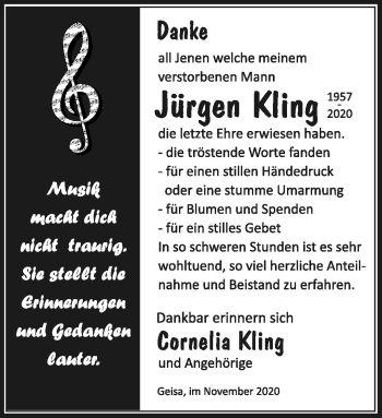 Traueranzeige von Cornelia Kling von Südthüringer Presse