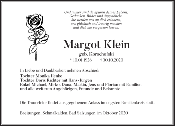 Traueranzeige von Margot Klein von Südthüringer Presse