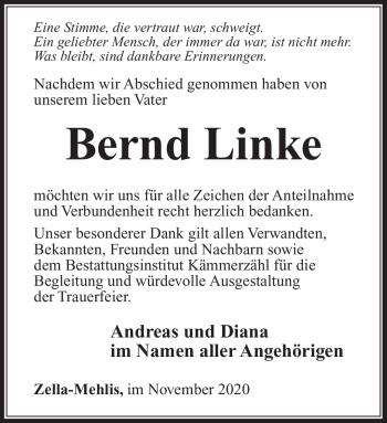 Traueranzeige von Bernd Linke von Südthüringer Presse