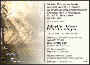 Traueranzeige von Martin Jäger von Südthüringer Presse