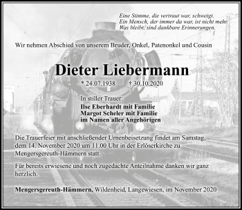 Traueranzeige von Dieter Liebermann von Südthüringer Presse