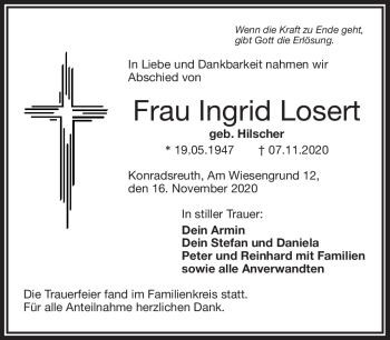 Traueranzeige von Ingrid Losert von Frankenpost
