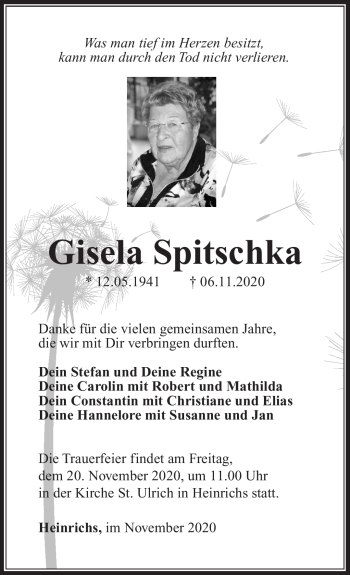Traueranzeige von Gisela Spitschka von Südthüringer Presse