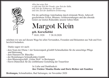 Traueranzeige von Margot Klein von Südthüringer Presse