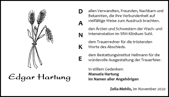 Traueranzeige von Edgar Hartung von Südthüringer Presse