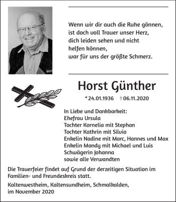 Traueranzeige von Horst Günther von Südthüringer Presse