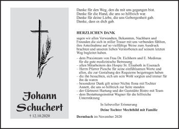Traueranzeige von Johann Schuchert von Südthüringer Presse
