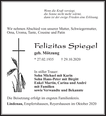 Traueranzeige von Felizitas Spiegel von Südthüringer Presse