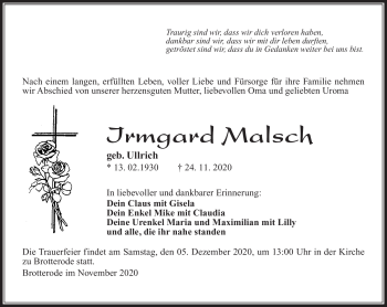 Traueranzeige von Irmgard Malsch von Südthüringer Presse