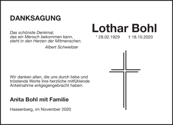 Traueranzeige von Lothar Bohl von Neue Presse Coburg