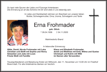 Traueranzeige von Erna Frohmader von Frankenpost