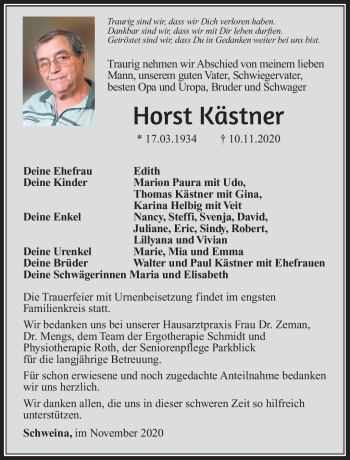 Traueranzeige von Horst Kästner von Südthüringer Presse