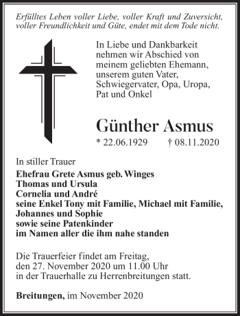 Traueranzeige von Günther Asmus von Südthüringer Presse