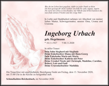 Traueranzeige von Ingeborg Urbach von Südthüringer Presse