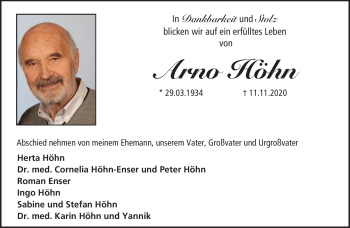 Traueranzeige von Arno Höhn von Neue Presse Coburg