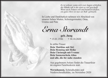 Traueranzeige von Erna Storandt von Südthüringer Presse