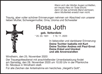 Traueranzeige von Rosa Joth von Neue Presse Coburg