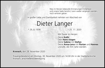 Traueranzeige von Dieter Lange von Neue Presse Coburg