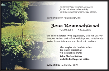 Traueranzeige von Jens Reumschüssel von Südthüringer Presse