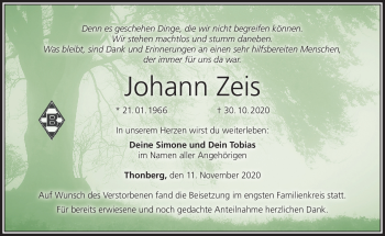 Traueranzeige von Johann Zeis von Neue Presse Coburg