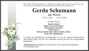 Traueranzeige von Gerda Schumann von Südthüringer Presse