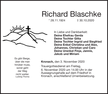 Traueranzeige von Richard Blaschke von Neue Presse Coburg