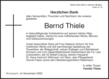 Traueranzeige von Bernd Thiele von Neue Presse Coburg