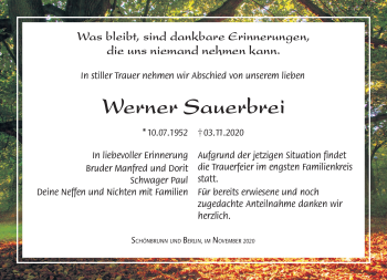 Traueranzeige von Werner Sauerbrei von Südthüringer Presse