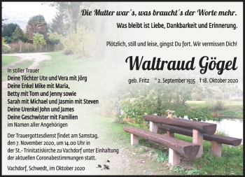 Traueranzeige von Waltraud Gögel von Südthüringer Presse