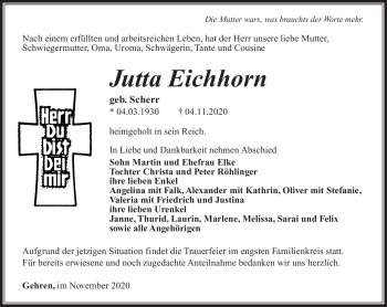 Traueranzeige von Jutta Eichhorn von Südthüringer Presse