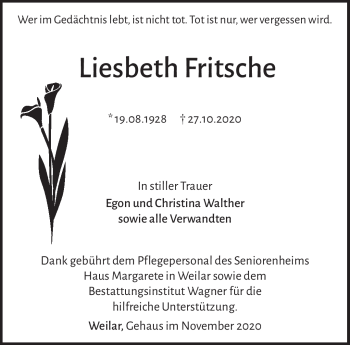 Traueranzeige von Liesbeth Fritsche von Südthüringer Presse