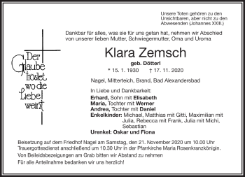 Traueranzeige von Klara Zemsch von Frankenpost