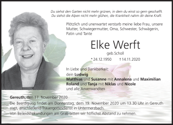 Traueranzeige von Elke Werft von Neue Presse Coburg