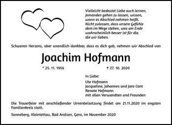 Traueranzeige von Joachim Hofmann von Südthüringer Presse