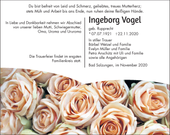 Traueranzeige von Ingeborg Vogel von Südthüringer Presse