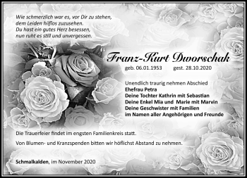 Traueranzeige von Franz-Kurt Dworschak von Südthüringer Presse