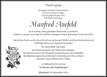 Traueranzeige von Manfred Anefeld von Südthüringer Presse