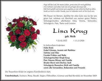 Traueranzeige von Lisa Krug von Südthüringer Presse