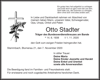 Traueranzeige von Otto Stadter von Frankenpost