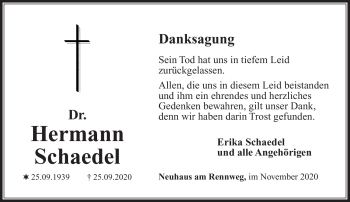 Traueranzeige von Hermann Schaedel von Südthüringer Presse