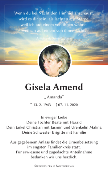 Traueranzeige von Gisela Amend von Neue Presse Coburg