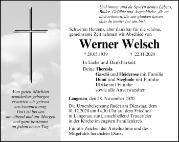 Traueranzeige von Werner Welsch von Neue Presse Coburg