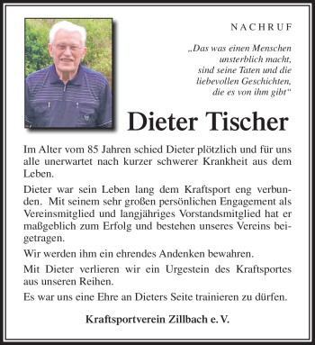 Traueranzeige von Dieter Tischer von Südthüringer Presse